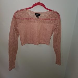 Long Sleeve Crop Top Mesh Sheer Lace Cream